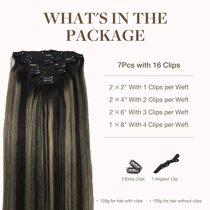 GOO GOO Clip in Hair Extensions Real Human Hair, Remy Human Hair Extensions Clip ins for Women, Natural Human Hair, 18inch 120g 7Pcs, 1B/16/1B Balayage Natural Black to Light Blonde