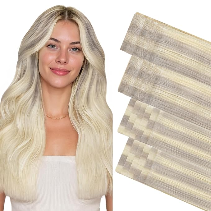 GOO GOO Invisi Edge Tape in Hair Extensions Human Hair, 17/22/60 Balayage Ash Blonde to Golden Blonde and Platinum Blonde 10pcs injected with 10pcs classical tape ins, 24inch 50g, Virgin Remy Hair