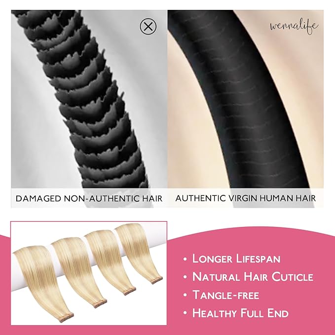 WENNALIFE Tape in Hair Extensions Human Hair Balayage Light Wheat Platinum Blonde Tape in Extensions, 10pcs 30g 20 inch Remy Invisible Tape Ins Straight Colored Soft Real Human Hair Tape in Extensions