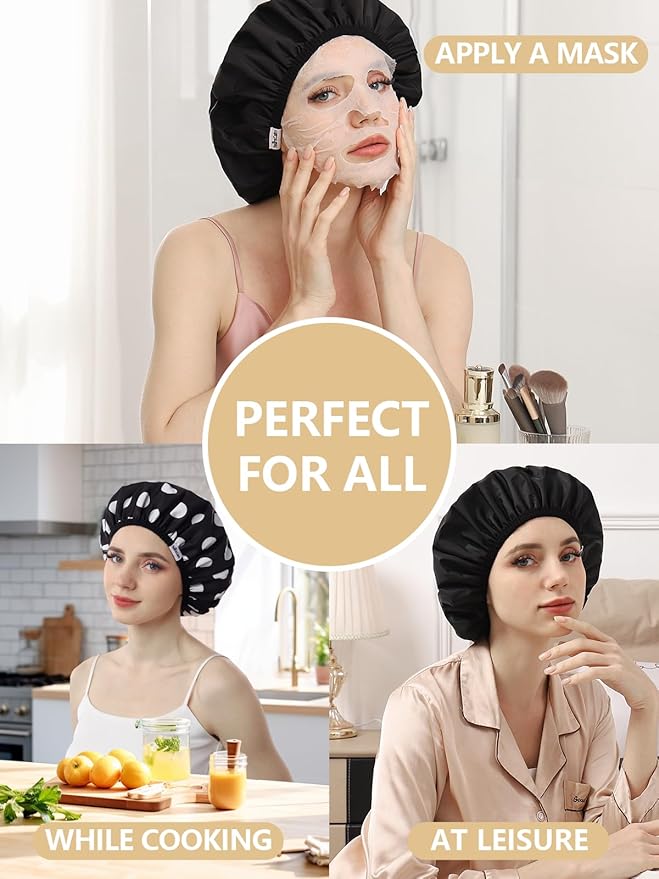 Years Calm Shower Caps For Women Reusable Waterproof，Pattern And Solid Color Dual-Layer Design For Dual-Layer Usable，Protects Hair In Shower, Spa, Cooking, Clean & Travel (Black, One Size)
