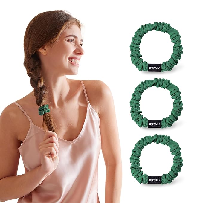 THXSILK 100% Mulberry Silk Scrunchies 3-Pack, 25 Momme Mulberry Silk Hair Ties for Women, Sleek Low Profile No Damage Ponytail Holders, for Fine Hair & Everyday Use, Emerald Green