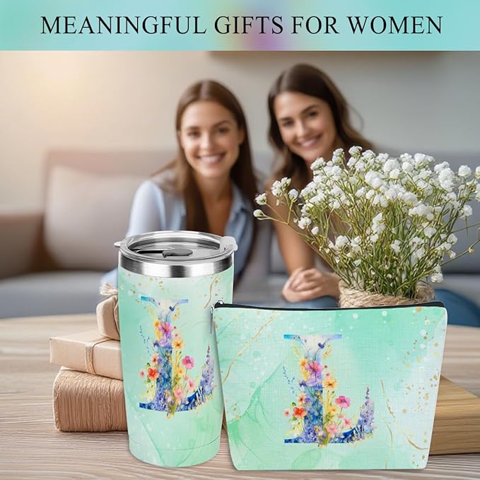 Personalized Gifts Monogrammed Birthday Gifts for Women, Mama New Mom Thanksgiving Wedding Christmas Initial 20 oz Tumbler, Makeup Bag Cup Pens Journal Notebook 6 Set, (Aesthetic Green Flower L)