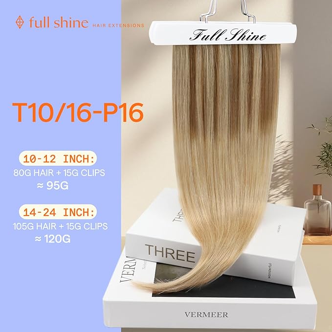 Full Shine Balayage Clip in Hair Extensions Real Human Hair Blonde Human Hair Extensions Clip ins Clip in Extensions Color 10 Fading to 16 And 16 Blonde 7 Pcs 22 Inch 120 G