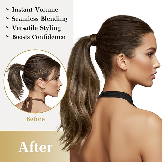 Ve Sunny Hair Extensions Ponytail Real Human Hair 80G Wrap Around Clip in Ponytail Hair Extensions Straight Extensions Human Hair for Women Medium Brown Balayage Ombre Caramel Blonde 14inch