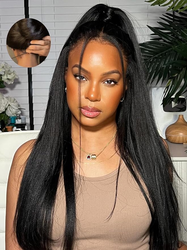 Julia Hair Yaki Straight Pre Cut HD Lace Closure Wigs Human Hair with Elastic Drawstring Glueless Wig Human Hair 7x5 Lace Front Bye Bye Knots Wig Pre Plucked Bleached Knots Natural Hairline 24 Inch