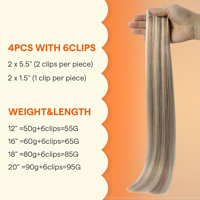 Full Shine Seamless Clip in Hair Extensions Human Hair, Highlights Blonde to Ash Blonde Real Hair Extensions Clip in, 4Pcs 20Inch 95 grams, Seamless Wefts for Thin Hair Add Volume