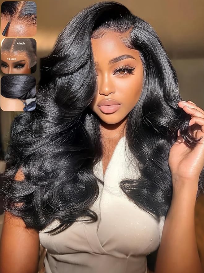 KLAIYI Pre Everything Glueless Layer Side Part Loose Body Wave 13x4 Lace Front Wigs Human Hair Drawstring Curtain Bangs Face framing Pre Bleached Knots Pre Plucked 3S Ready to Put On and Go Wig 18Inch