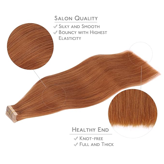 WENNALIFE Tape in Hair Extensions Human Hair, 20pcs 50g 24 inch Dirty Ginger Remy Hair Extensions Straight Human Hair Tape in Extensions Skin Weft Tape Extensions Human Hair