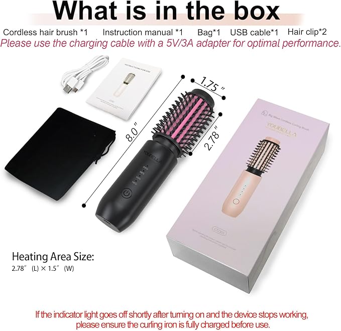 Youbella Cordless Hair Curling Iron Brush, Mini Travel Hot Straightener Comb, 3-in-1 Portable Wave Curling Wand, 1.5″ Ionic Heated Brush, USB Rechargeable Hair Curler, Black – No Automatic Rotation