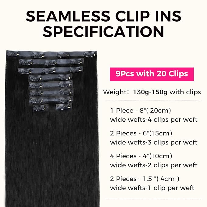 Lashey Seamless Clip in Hair Extensions Human Hair 150g 9pcs #1 Jet Black Straight 20 Inch Clip in Hair Extensions with PU Soft Invisi Edge