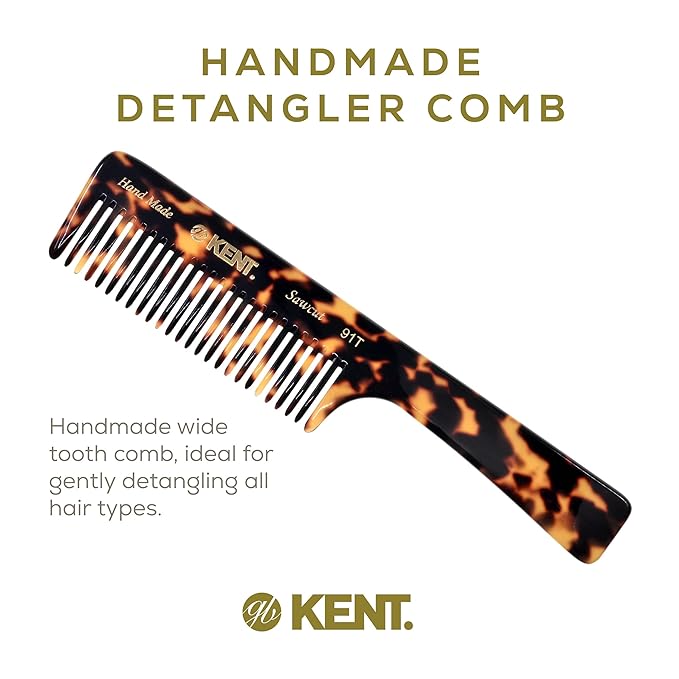 Kent 91T TY Wide Tooth Detangler Hair Comb for Women and Men - for Curly and Wavy Hair - and Wet Hair Comb, Large Handle Wide Tooth Shower Comb for Effective Detangling, Saw-Cut Handmade and Polished