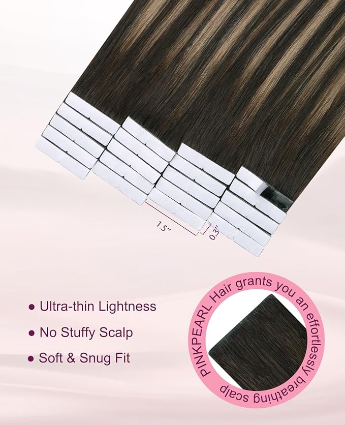 Pinkpearl Invisible Tape in Hair Extensions Human Hair, 20pcs 18inch 50g #2/6/2 Balayage Dark Brown to Chestnut Brown Injection Tape in Extensions Real Remy Human Hair Injected