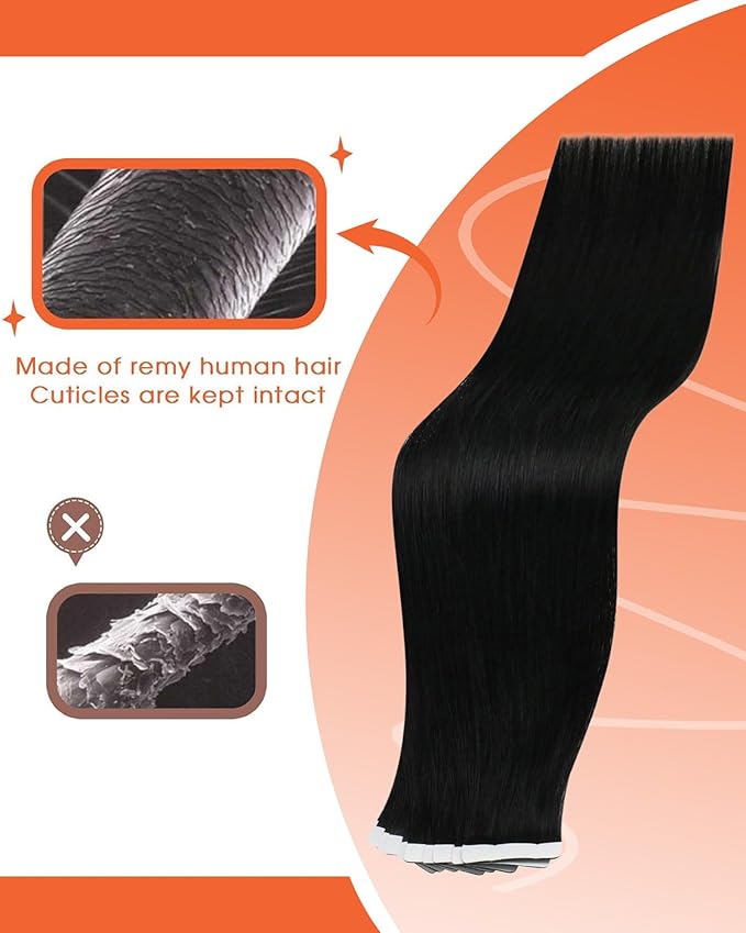 Sunny Hair Tape in Hair Extensions Real Human Hair Invisible Remy Hair Extensions Tape ins for Women Jet Black 24 inch 25G