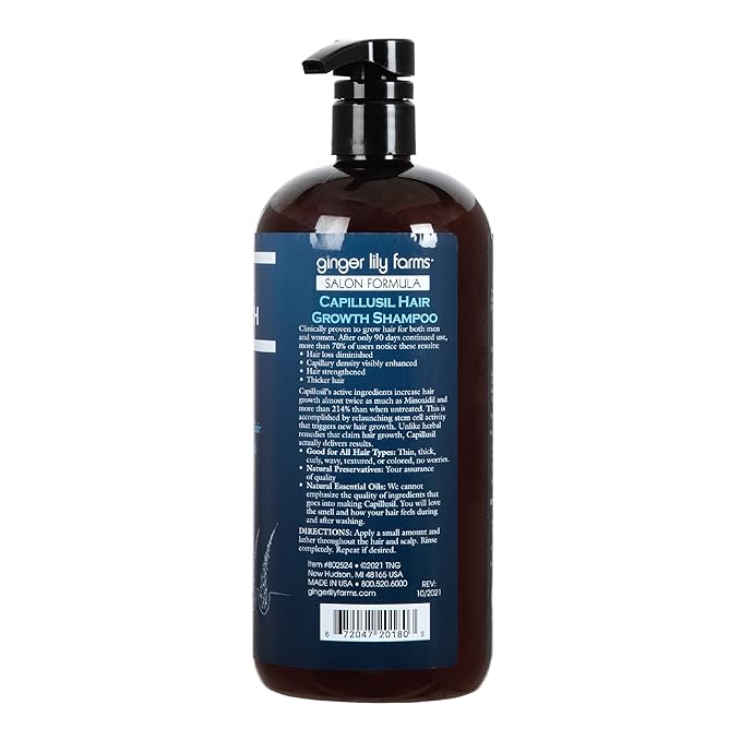 Ginger Lily Farms Salon Formula Capillusil Hair Growth Shampoo for All Hair Types, 100% Vegan & Cruelty-Free, 32 Fl Oz