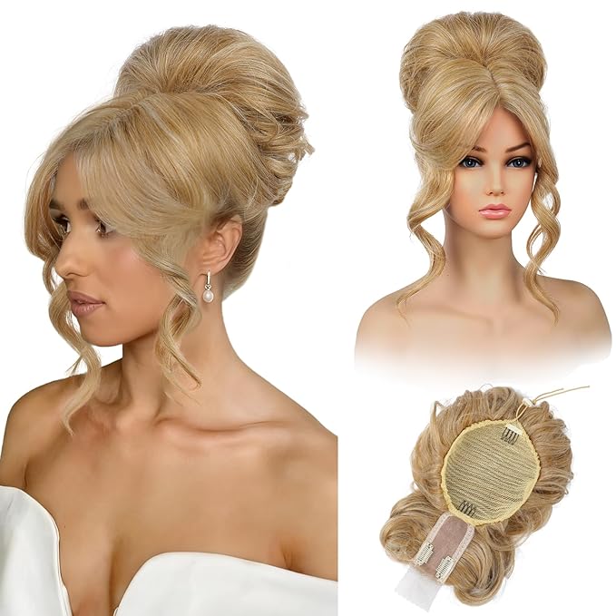 REECHO Messy Bun Hair Piece with Bangs – 2-in-1 Drawstring Ponytail Extension Updo Wig & Hair Topper with Long Side Bangs, Natural-Looking Hair Bun Hairpieces for Women - Honey Blonde