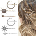 mdgfge 6 Pieces Rhinestone Stars Moon Hair Clips Vintage Star Hairpins Crystal Decorative Bobby Pins Metal Alloy Hair Pins Snowflake Side Clip Hair Accessories for Women (Silver, Gold)