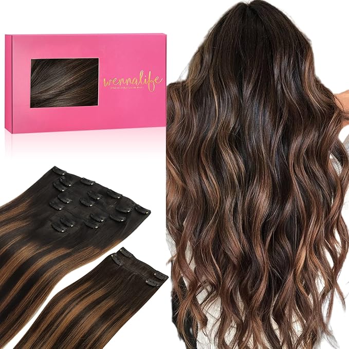 WENNALIFE Clip in Hair Extensions, 150g 20 Inch 9pcs Balayage Natural Black to Chestnut Brown Remy Hair Thicker Double Weft Extensiones De Cabello Humano Con Clip Ins Straight Full Volume
