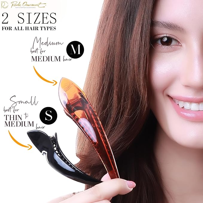 RC ROCHE 6 Pcs Duck Bill Alligator Hair Clips for Women Sectioning Flat Claw Long Thick Hair Inner Teeth Curved Styling Jaw Strong Secure Grip Salon, Large Black, Brown, Clear
