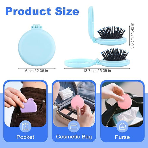 4 Colors Folding Mirror Hairbrush, 2 in 1 Compact Pocket Mirror Comb with DIY Stickers, Round Mini Pocket Makeup Mirror for Travel Women Girls (4 Pcs)