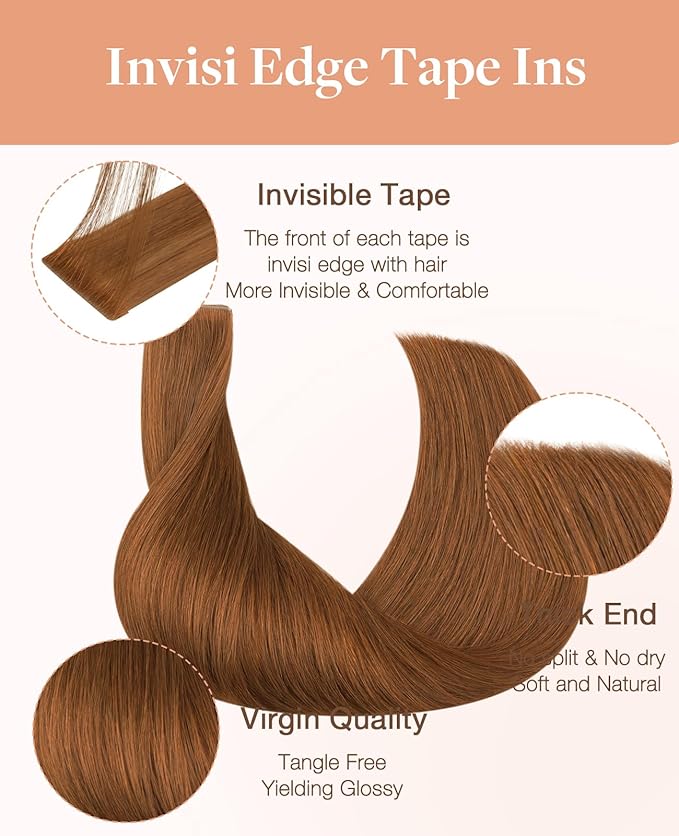 GOO GOO Invisi Edge Tape in Hair Extensions Human Hair, 350 Copper 10pcs injected with 10pcs classical tape ins, 18inch 50g, Virgin Remy Hair, Natural Look