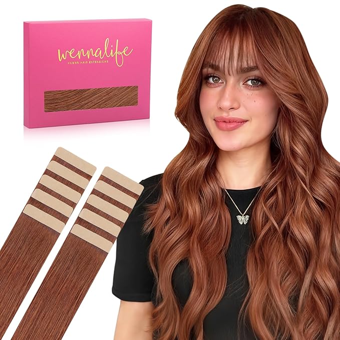 WENNALIFE Tape in Hair Extensions Human Hair Dark Auburn Copper Tape in Extensions, 10pcs 25g 14 inch Remy Invisible Tape Ins Straight Colored Soft Real Human Hair Tape in Extensions Refill Set Extens