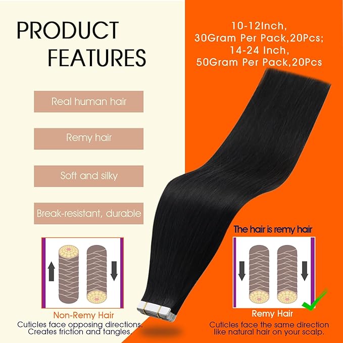 Full Shine Tape in Human Hair Remy Tape in Hair Extensions Human Hair Color 1B Double Sided Extension 22Inch Long Seamless Soft Skin Weft 100G 40Pcs for Women Add Length