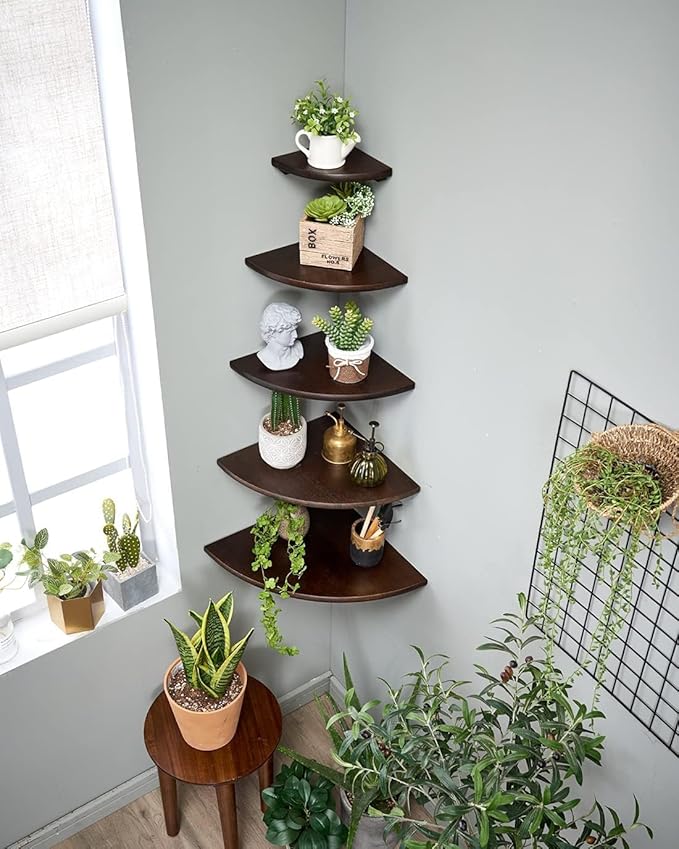 Corner Shelves, Floating Corner Shelf, Set of 2 12inch Solid Oak Wood Corner Wall Shelves, Round End with Wire Hole for Small Plant for Bedroom Kitchen, Living Room