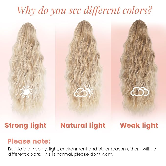 Claw Wavy Ponytail Extension 18" for Women Curly Pony Tail Clip in Hair Extensions Shoulder Length Fluffy Natural Looking Synthetic Hairpiece for Daily Use (Blonde to Light Blonde)