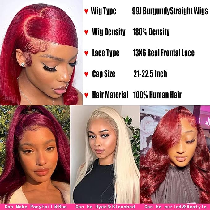 20Inch 99j Burgundy Lace Front Wigs Human Hair 13x6 HD Straight Glueless Lace Frontal Wigs for Women 180% Density Pre Plucked with Baby Hair Wine Red Wigs Human Hair