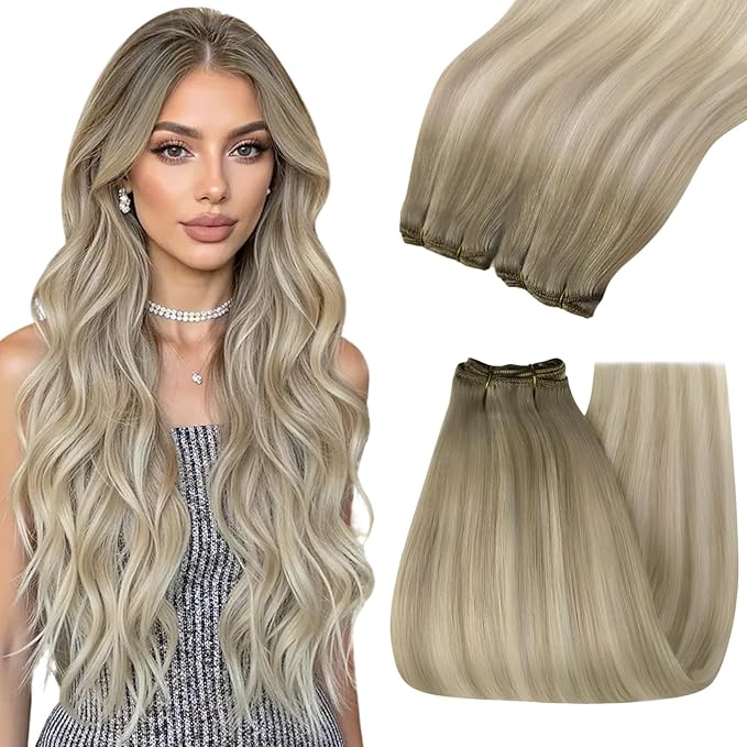 YoungSee Human Hair Sew in Extensions Blonde Ombre Hair Extensions Weft Sew in Hair Extensions Real Human Hair Ash Blonde Ombre Platinum Blond Long Straight Hair 22inch 100g