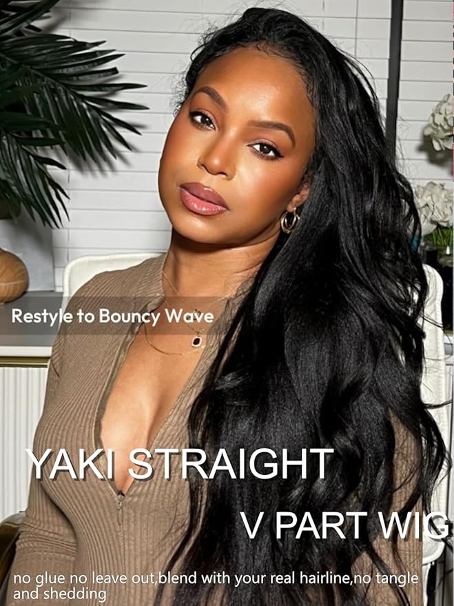 YIROO EasiContour V Part Wigs Human Hair Yaki Straight Human Hair Wigs No Leave Out Glueless Upgraded U Part Wigs for Women V Shape Clip in Vpart Wig No Sew in No Glue Beginner Friendly 22 inch