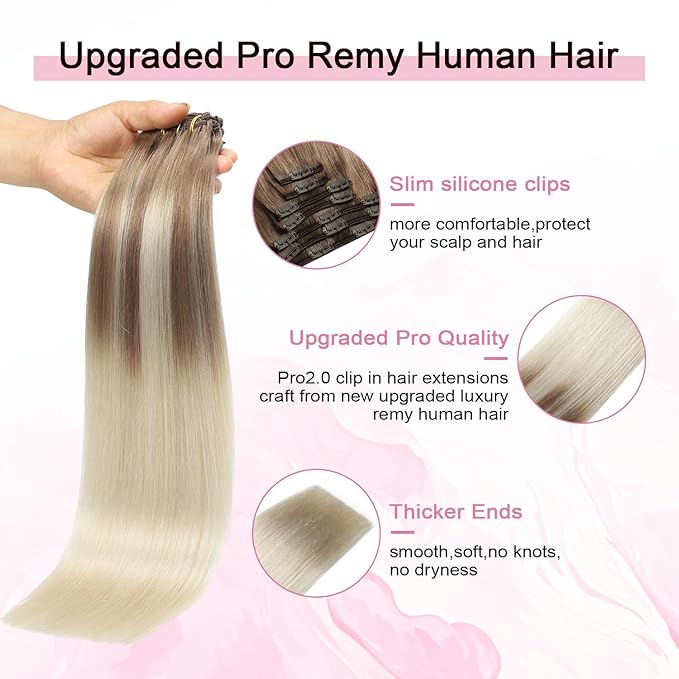 Pro2.0 Clip in Hair Extensions Real Human Hair 22inch 7pcs #8/60 Ash Brown to Platinum Blonde Real Hair Extensions Clip in Human Hair 120g Double Weft（#8/60-22inch）