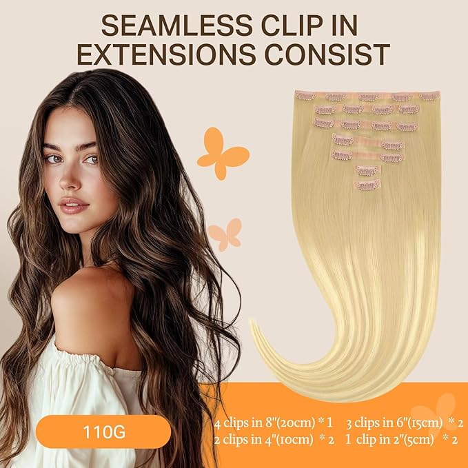 DOORES Clip in Human Hair Extensions, DirtyBlonde Mixed Platinum Blonde 110g 7pcs 22 Inch, Seamless Invisi Edge Straight Hair Extensions