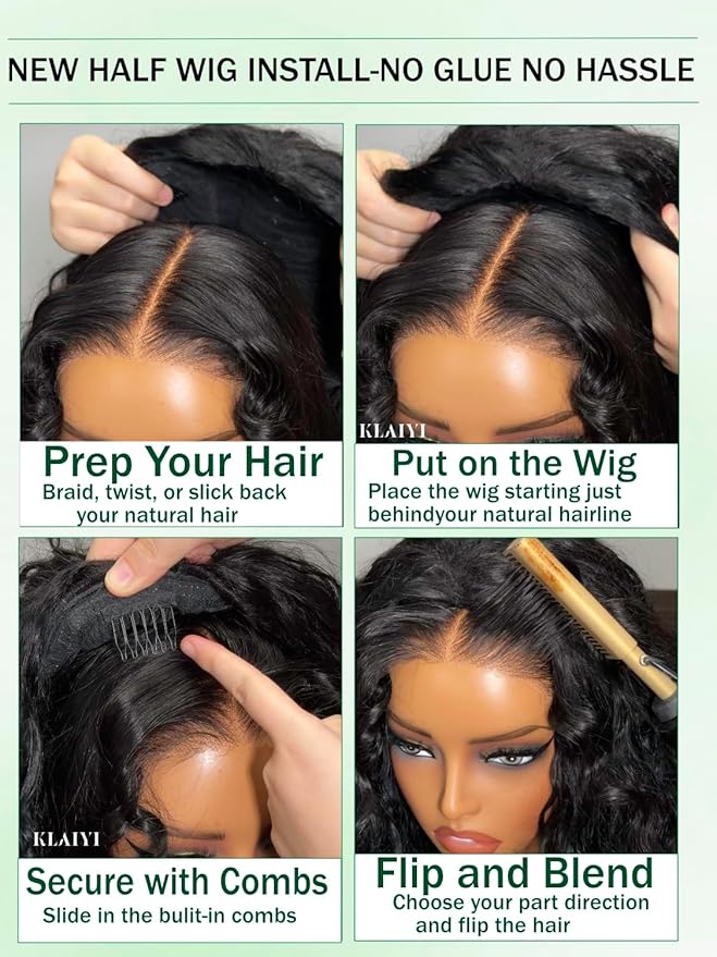 KLAIYI Water Wave 3 In 1 Flip Over 3/4 Half Wig Human Hair Curly Flip Over Seamless Blend Edges Glueless Wear and Go Drawstring Headband Clip In Wigs for Women Ready to Go Wig Beginner Friendly 16Inch