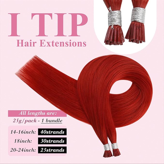 YoungSee Red Hair Extensions I Tips 20 Inch Colored I Tip Extensions Human Hair Red 25s 25g Itip Hair Extension Real Human Hair Colorful Remy Hair Diy Hair-Extension