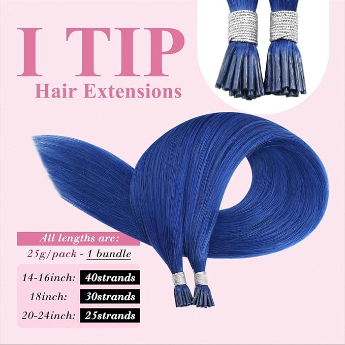 YoungSee I Tip Hair Extensions Blue 24 Inch Human Hair I Tip Extensions Blue Long Hair Color Itip Hair Extensions Soft and Silky for Girls Diy Your Hairstyle 25s 25g