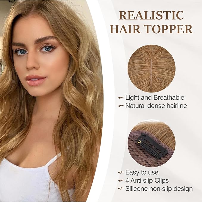 Rich Choices Hair Toppers for Women Real Human Hair 100% Human Remy Toppers NO Bangs for Women with Thinning on Top Clip in Hairpiece 4"x4.7"Lace Base 12 Inch #6 Light Brown