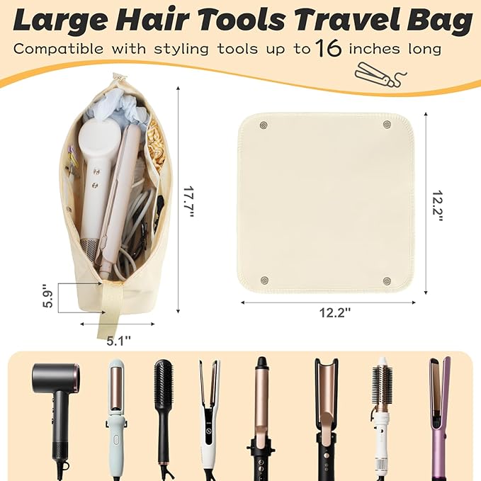 Hot Hair Tools Travel Bag with Removable Heat Resistant Mat 2 in 1 Portable Hair Tool Organizer Bags for Hair Straighteners Curling Irons Hot Air Brushes Hair Dryer Women Travel Essentials (Ivory)