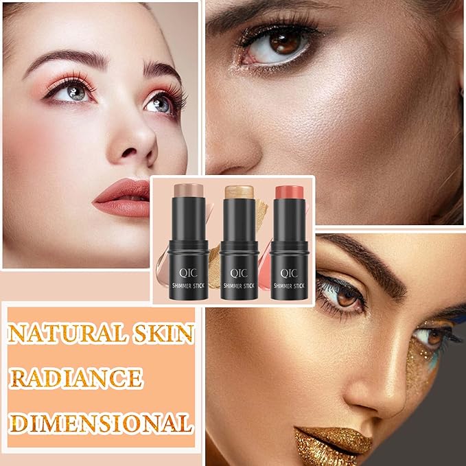 3 PCS Cream Contour Blush Stick,Long Lasting Waterproof Blush Stick for Cheeks&Lips Multipurpose Face Highlighting Concealing Cream,Shimmer Contour Stick Makeup for Women