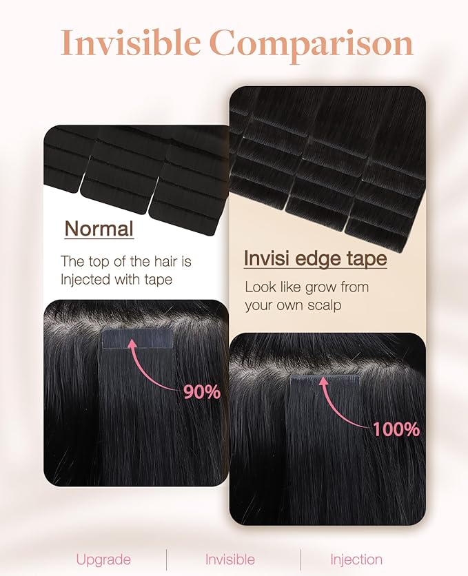 GOO GOO Invisi Edge Tape in Hair Extensions Human Hair, 1B Natural black, 6pcs 22inch 18g, Virgin Remy Hair, Seamless Injected Tape, Natural Look