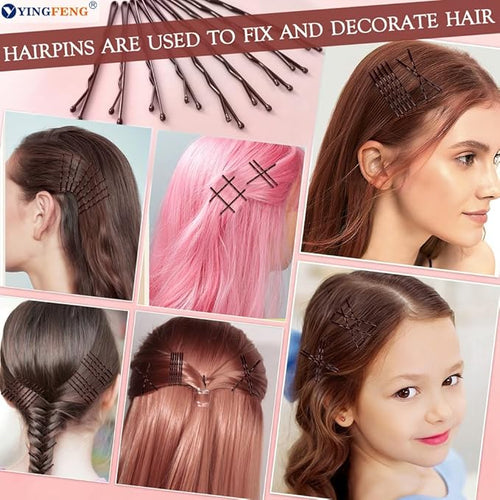510PCS Brown Bobby Pins Hair Pins Kit with Hair Net, YINGFENG Includes 100 Bobby Pins for Women, 100 U-Shaped Buns Hair Clips, 300 Hair Bands and 10 Brown Hair Nets, Dance competition must haves