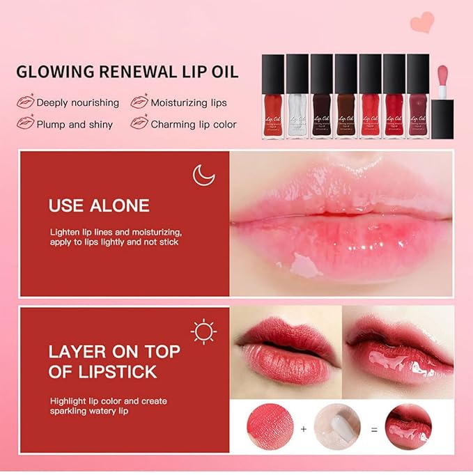 MAEPEOR Glowing Lip Oil 7 Colors Hydrating Lip Balm Nourishing Lip Care Lip Treatment Glossy Finish Non-sticky Moisturizing Lip Balm (06 Red)