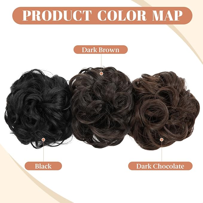 CJL HAIR 2PCS Messy Bun Hair Pieces Wavy Curly Synthetic Updo Chignon Fake Scrunchies Ponytail Extension for Women Dark Brown