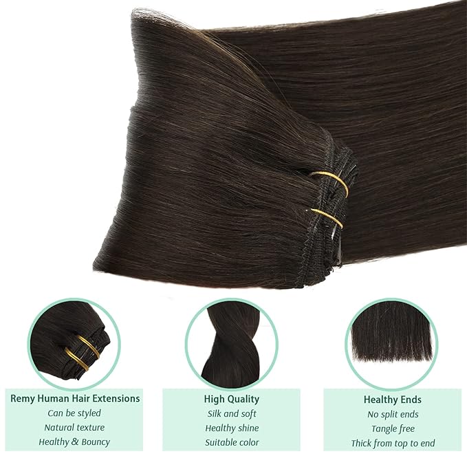 GOO GOO Clip in Hair Extensions Real Human Hair, Remy Human Hair Extensions Clip ins for Women, Natural Human Hair, 16inch 120g 7Pcs, 2A Light Brown