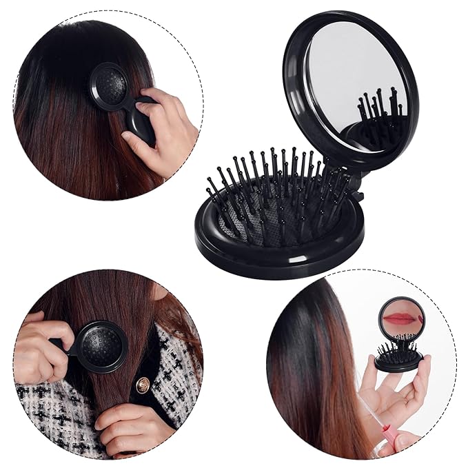 2pcs Folding Travel Mirror Hair Brushes Round Mirror Pocket Hair Brush Portable Mini Pop Up Hair Brushes for Women Girls Wet and Dry Hair