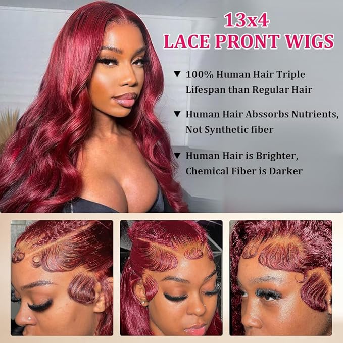 30 Inch Burgundy Wig HD Lace Front Wig Pre Plucked 200% Density Red Wig with Baby Hair for Women