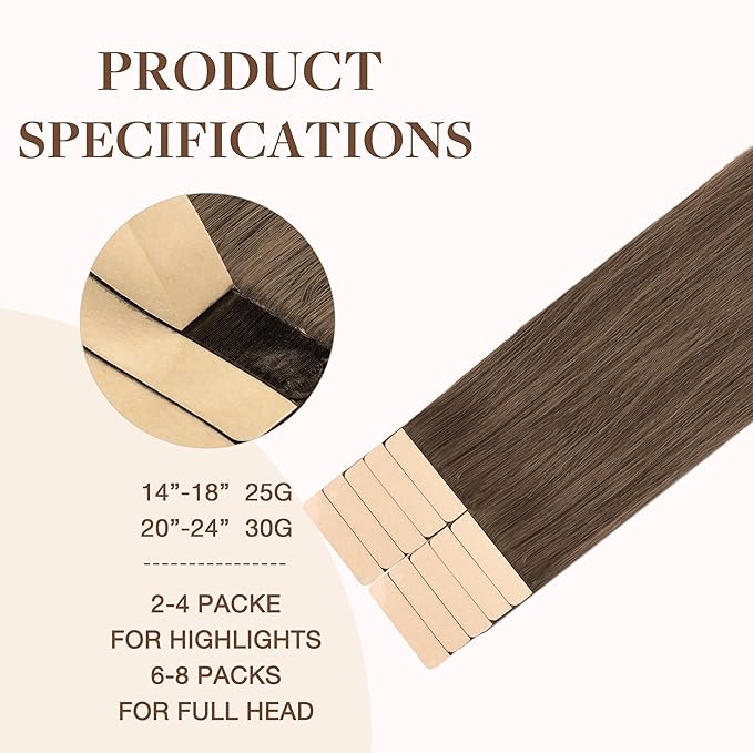 GOO GOO Tape in Hair Extensions Human Hair, 5 Light Ash Brown, 20inch 30g 10pcs, Skin Weft Seamless Invisible, Silky Straight with Thick Ends, Remy Human Hair