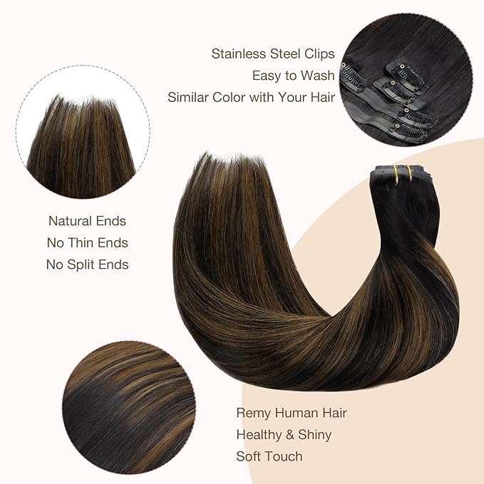 GOO GOO Clip in Hair Extensions Real Human Hair, Remy Human Hair Extensions Clip ins for Women, Natural Human Hair, 22 Inch 140g 7Pcs, 1B/6/1B Balayage Natural Black to Chestnut Brown