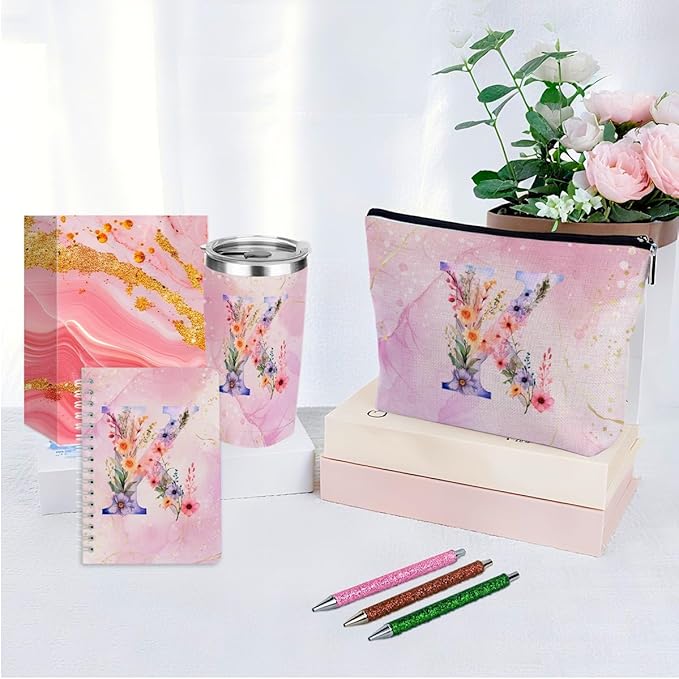 Personalized Gifts Monogrammed Birthday Gifts for Women, Soul Sister Bachelorette Party Wedding Christmas Initial 20 oz Tumbler, Makeup Bag Cup Pens Journal Notebook 6 Set, (Aesthetic Pink Flower K)