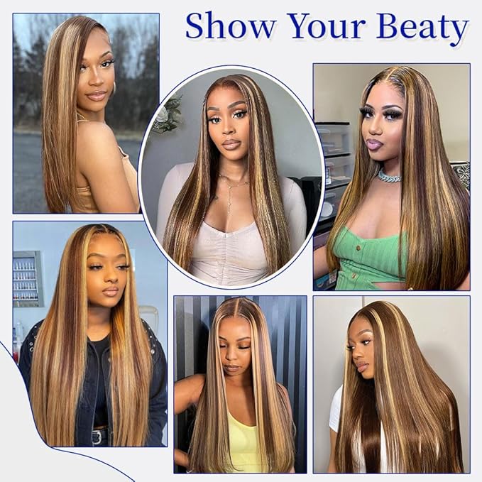 36 Inch Ombre Lace Front Wig Human Hair 200 Density 13x6 Honey Blonde HD Lace Frontal Real Virgin Human Hair Wigs Invisilbe Hairline Tiny Knots Pre Plucked Highlight Brown 4/27 Colored